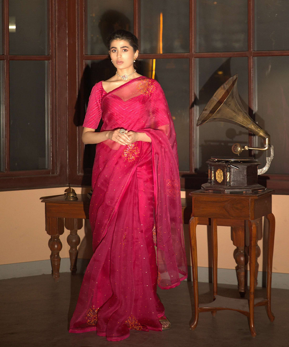 Pink hand embroidered saree