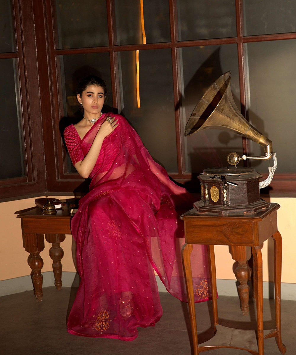 Pink hand embroidered saree