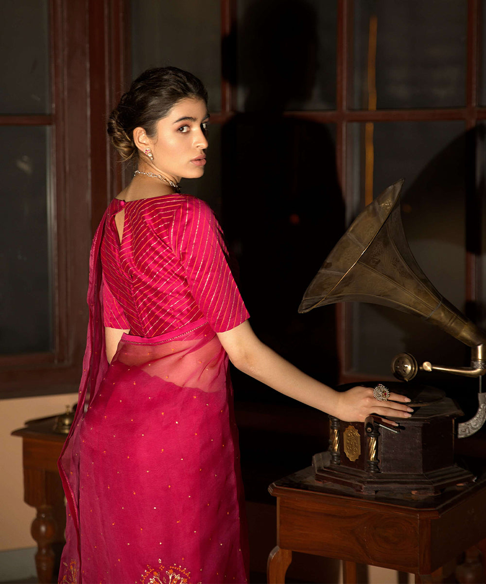 Pink hand embroidered saree