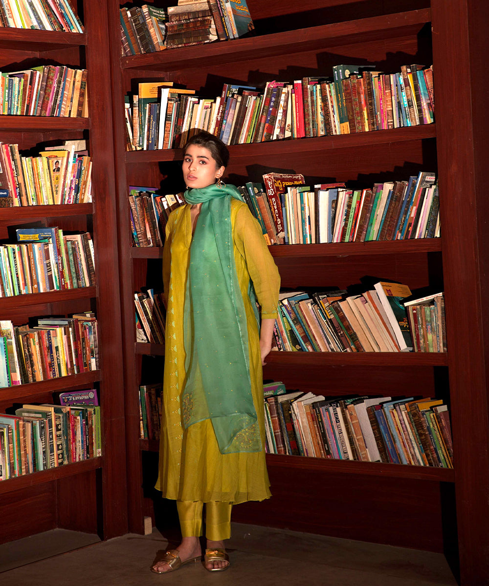 Neon Green Side Panelled A-line Kurta set