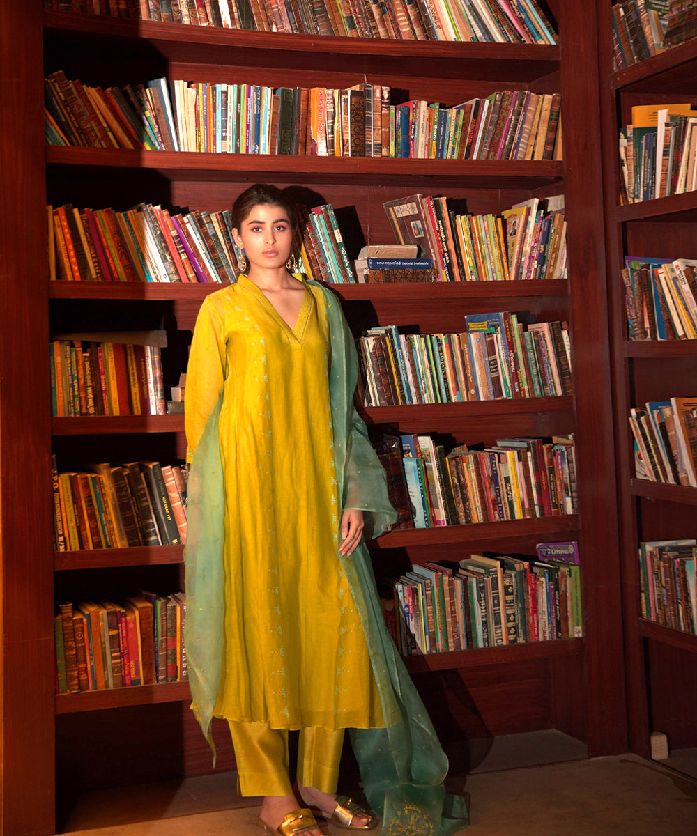 Neon Green Side Panelled A-line Kurta set