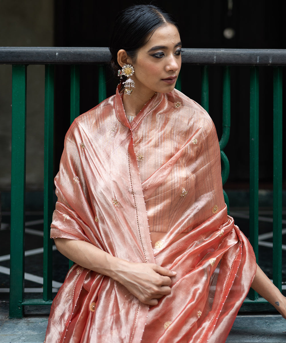 Blush Pink hand embroidered tissue silk saree with blouse