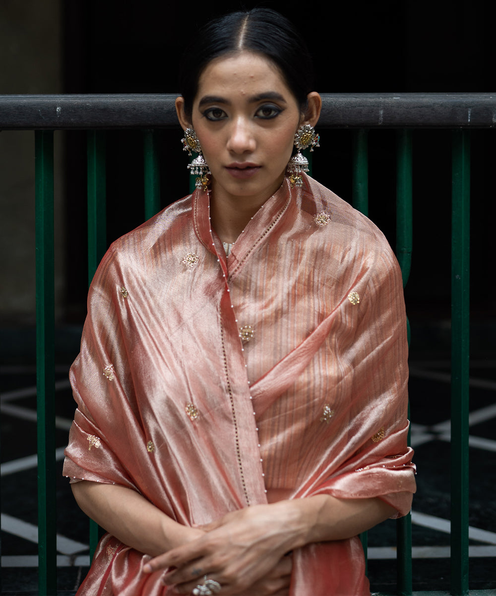 Blush Pink hand embroidered tissue silk saree with blouse