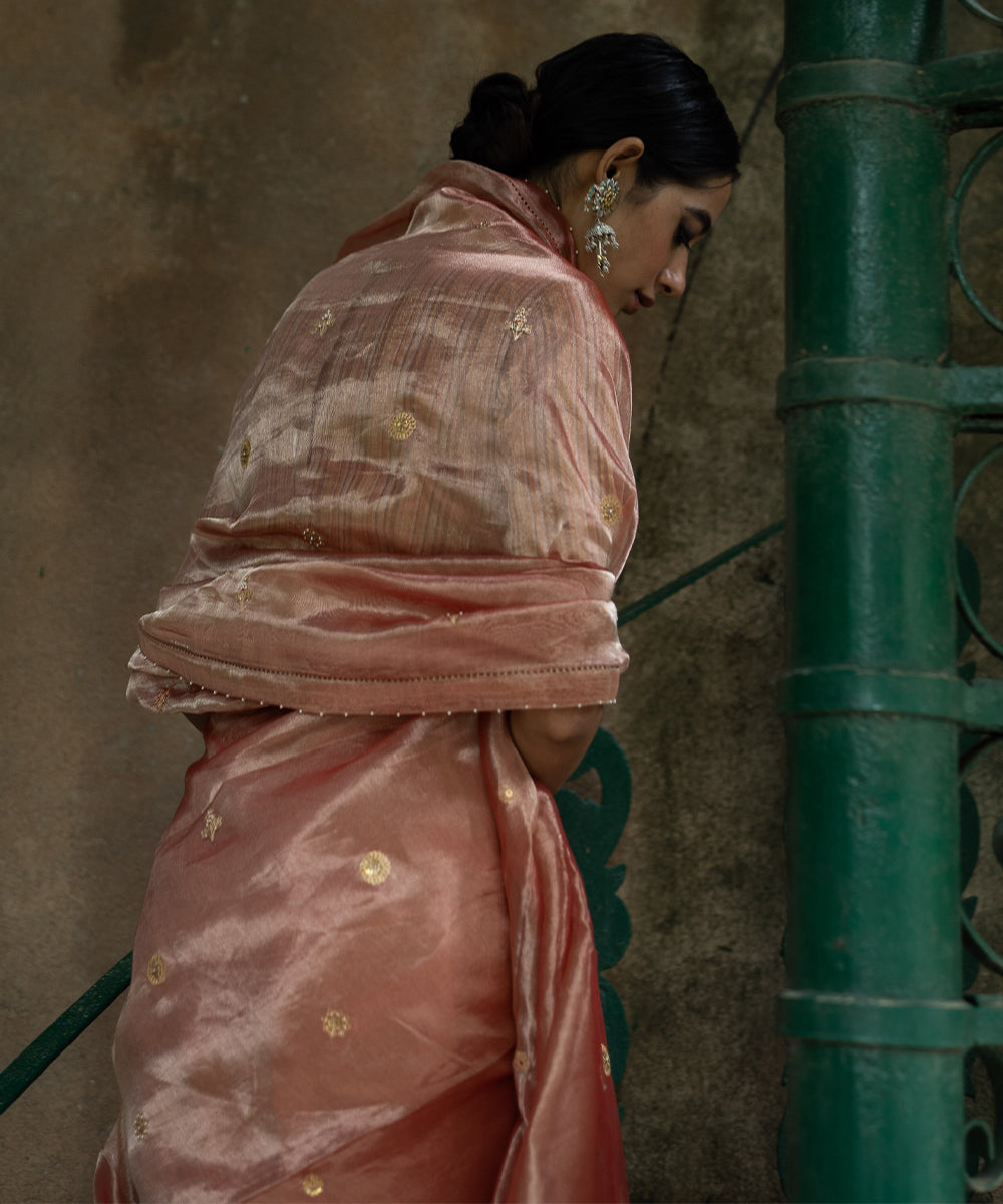 Blush Pink hand embroidered tissue silk saree with blouse