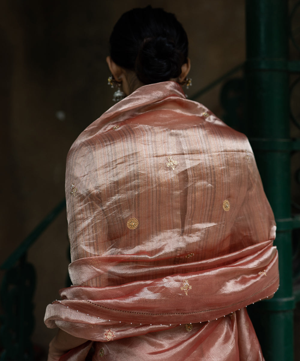 Blush Pink hand embroidered tissue silk saree with blouse