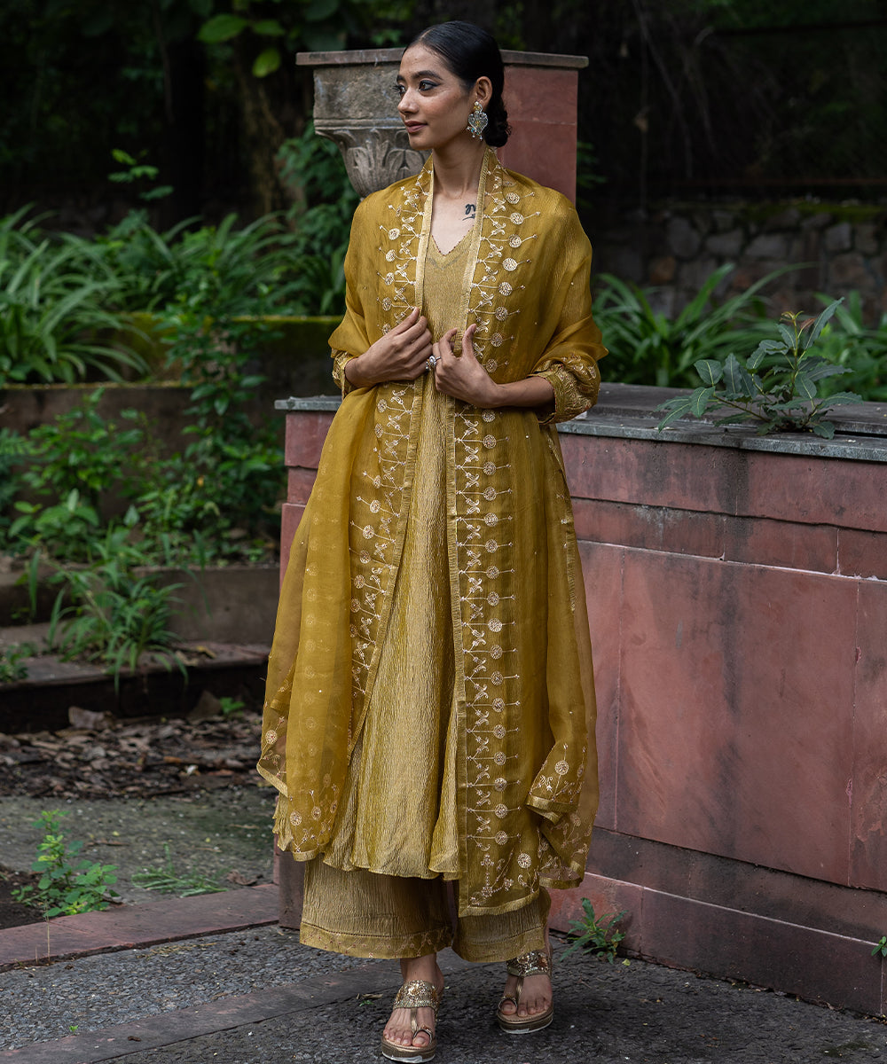 Molten Gold Yellow tissue silk A-line kurta set