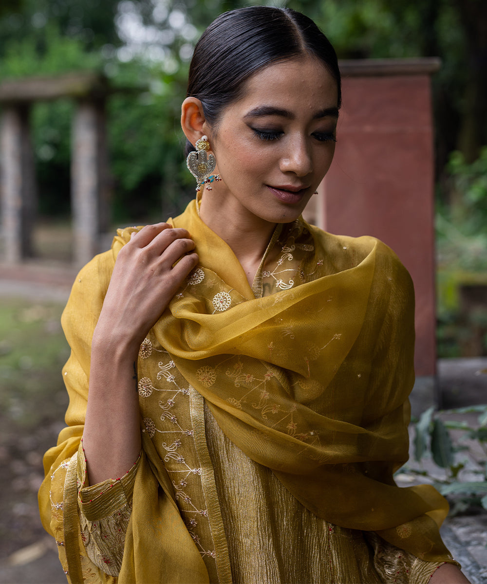 Molten Gold Yellow tissue silk A-line kurta set