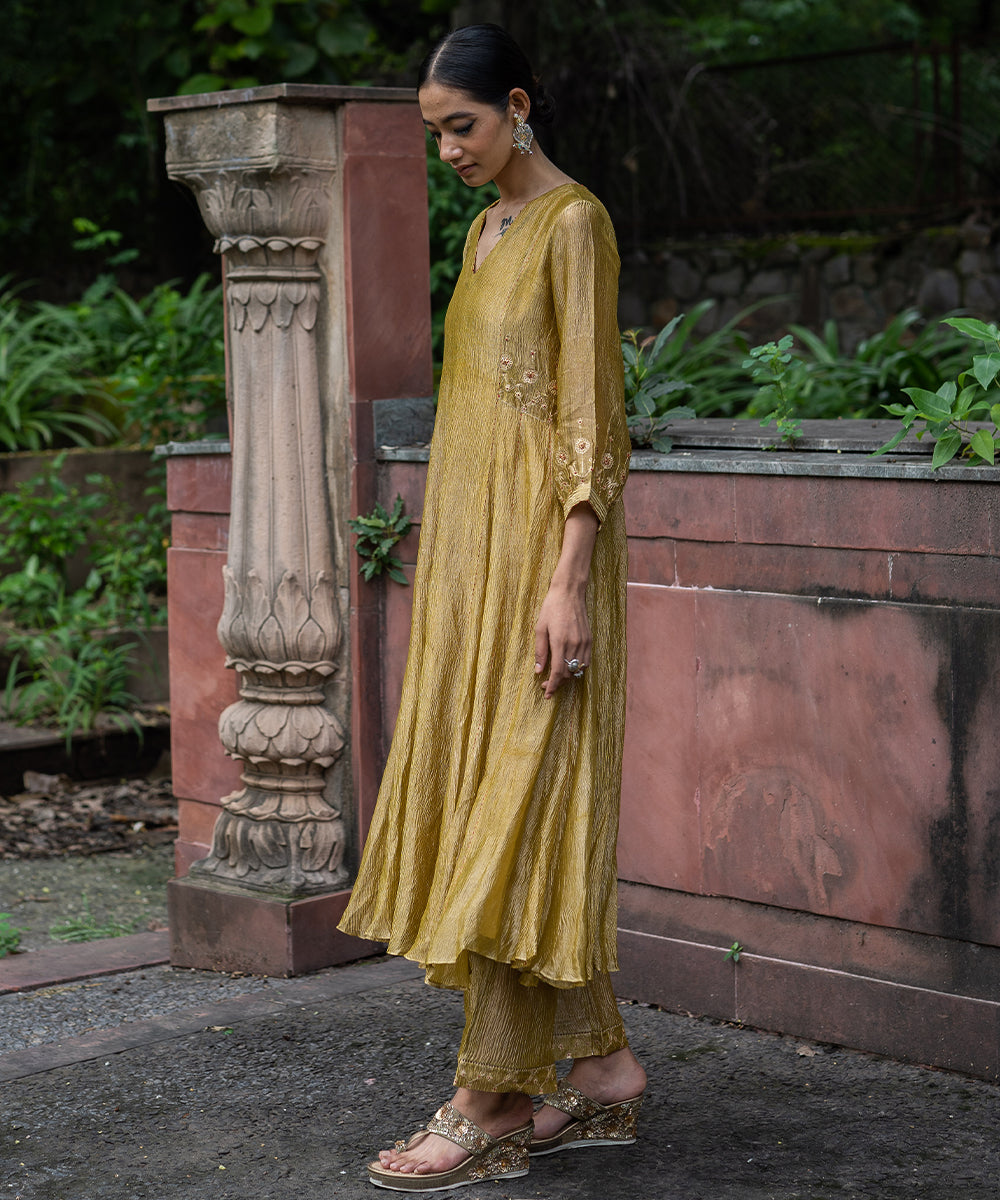 Molten Gold Yellow tissue silk A-line kurta set