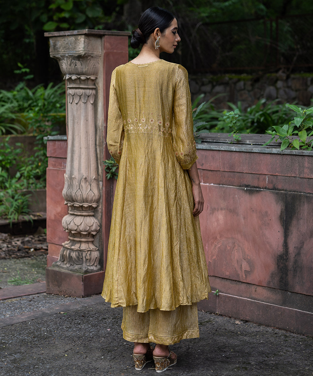 Molten Gold Yellow tissue silk A-line kurta set