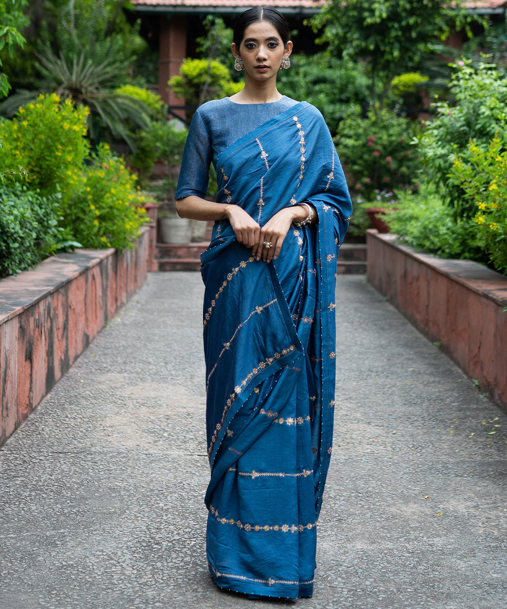 Cobalt blue Hand embroidered saree with blouse