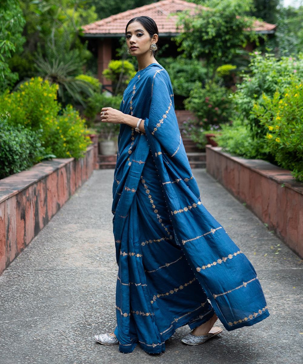 Cobalt blue Hand embroidered saree with blouse