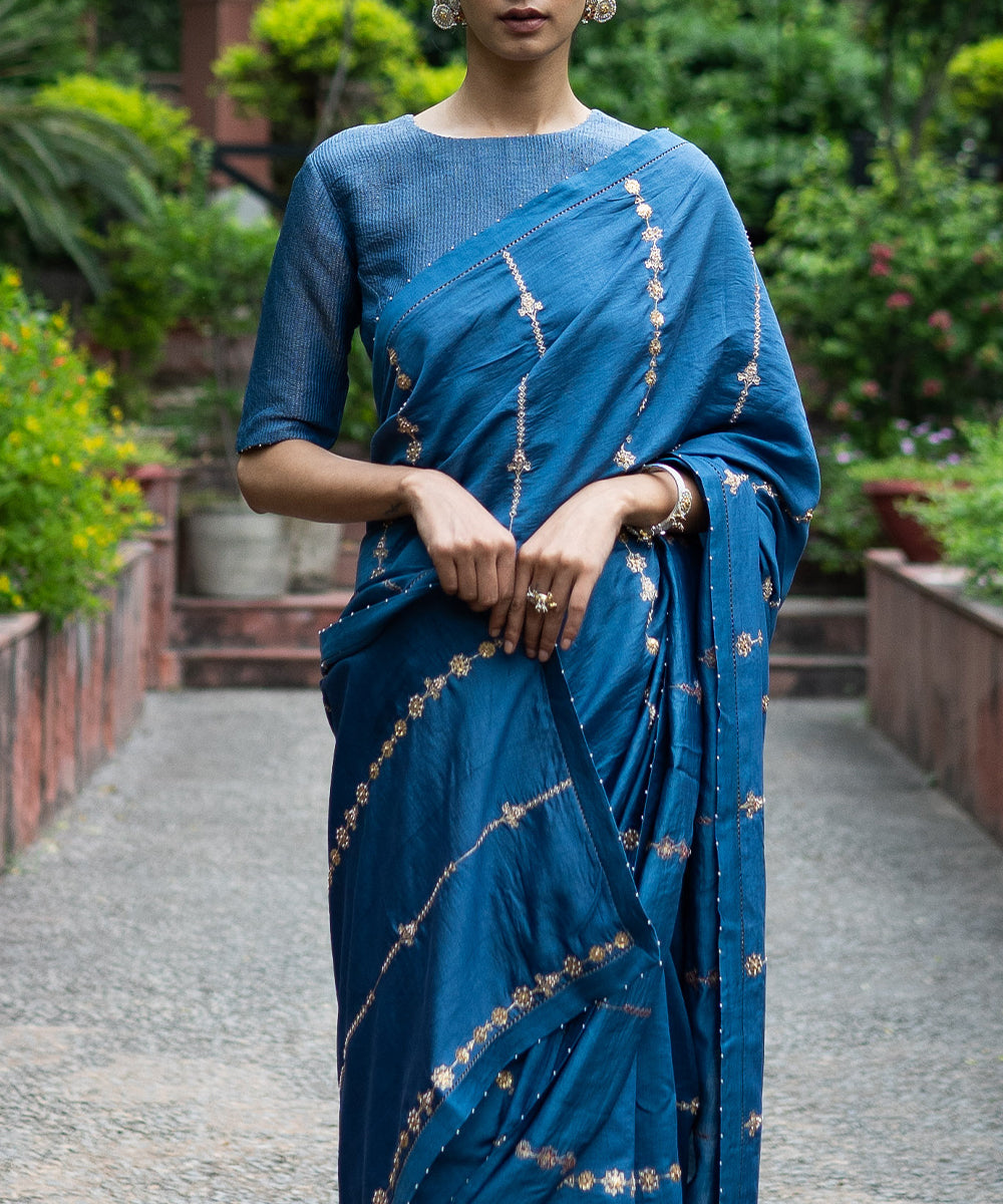 Cobalt blue Hand embroidered saree with blouse