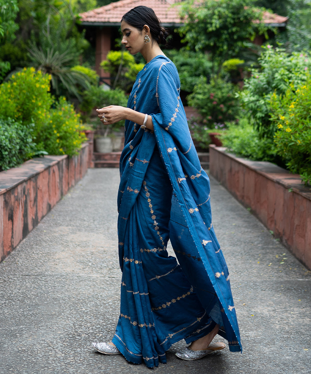 Cobalt blue Hand embroidered saree with blouse