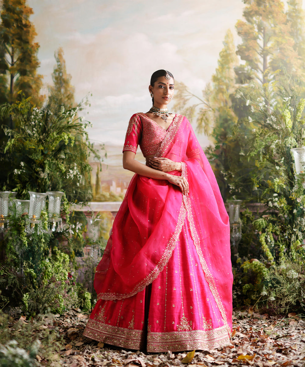 Hot Pink Raw Silk Lehenga Set