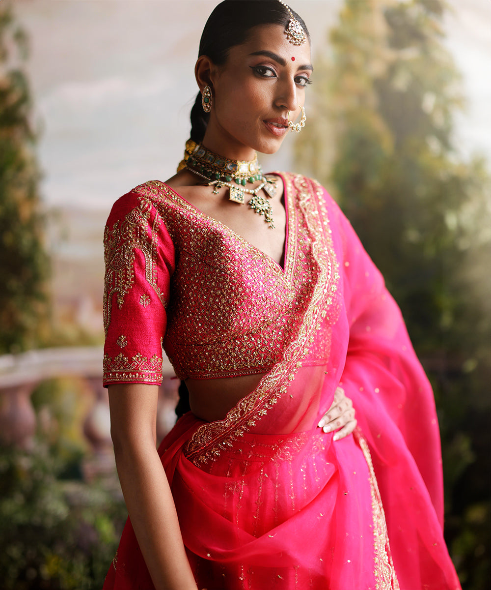 Hot Pink Raw Silk Lehenga Set