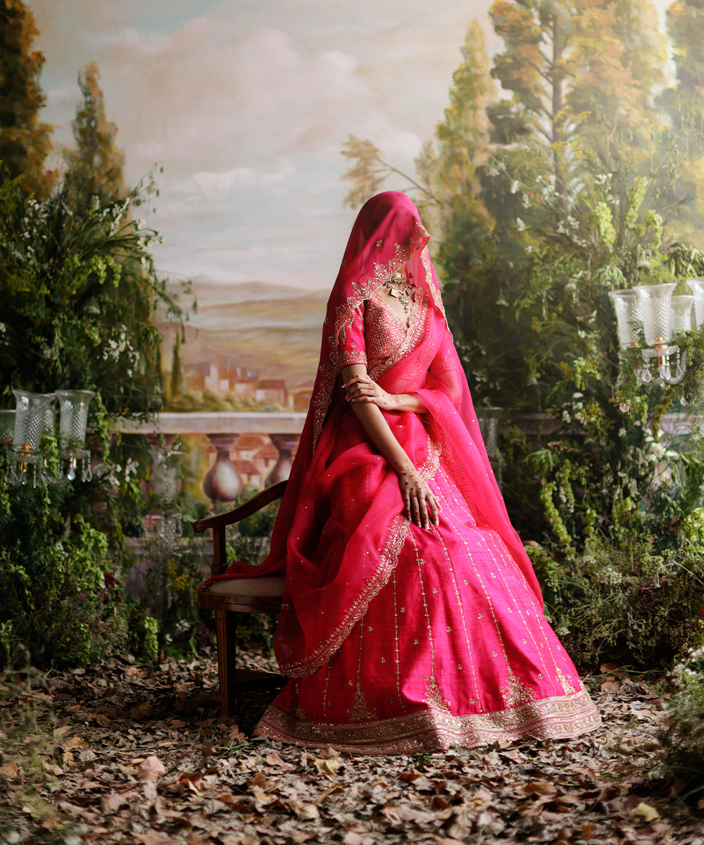 Hot Pink Raw Silk Lehenga Set