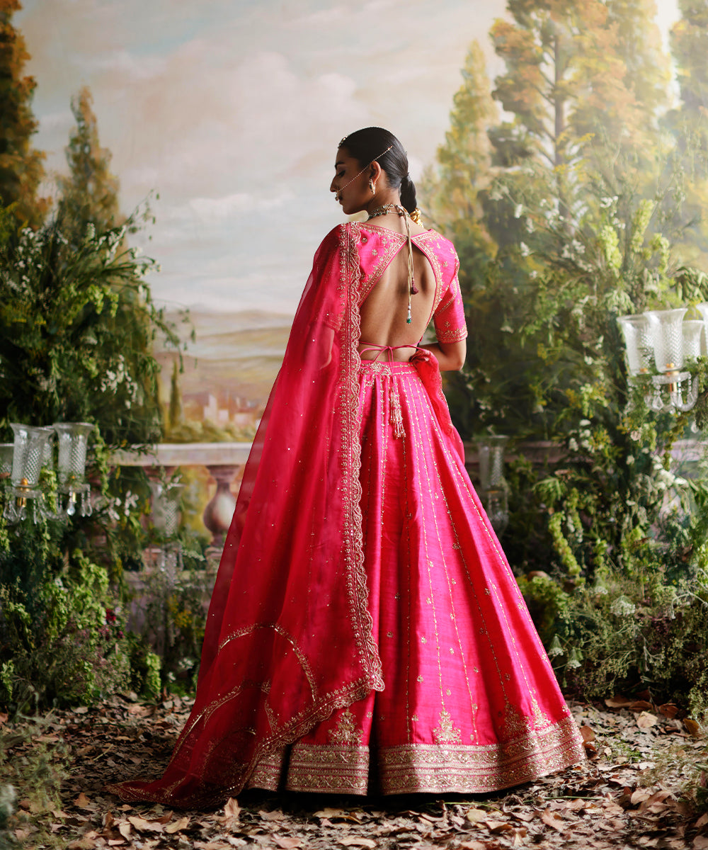 Hot Pink Raw Silk Lehenga Set