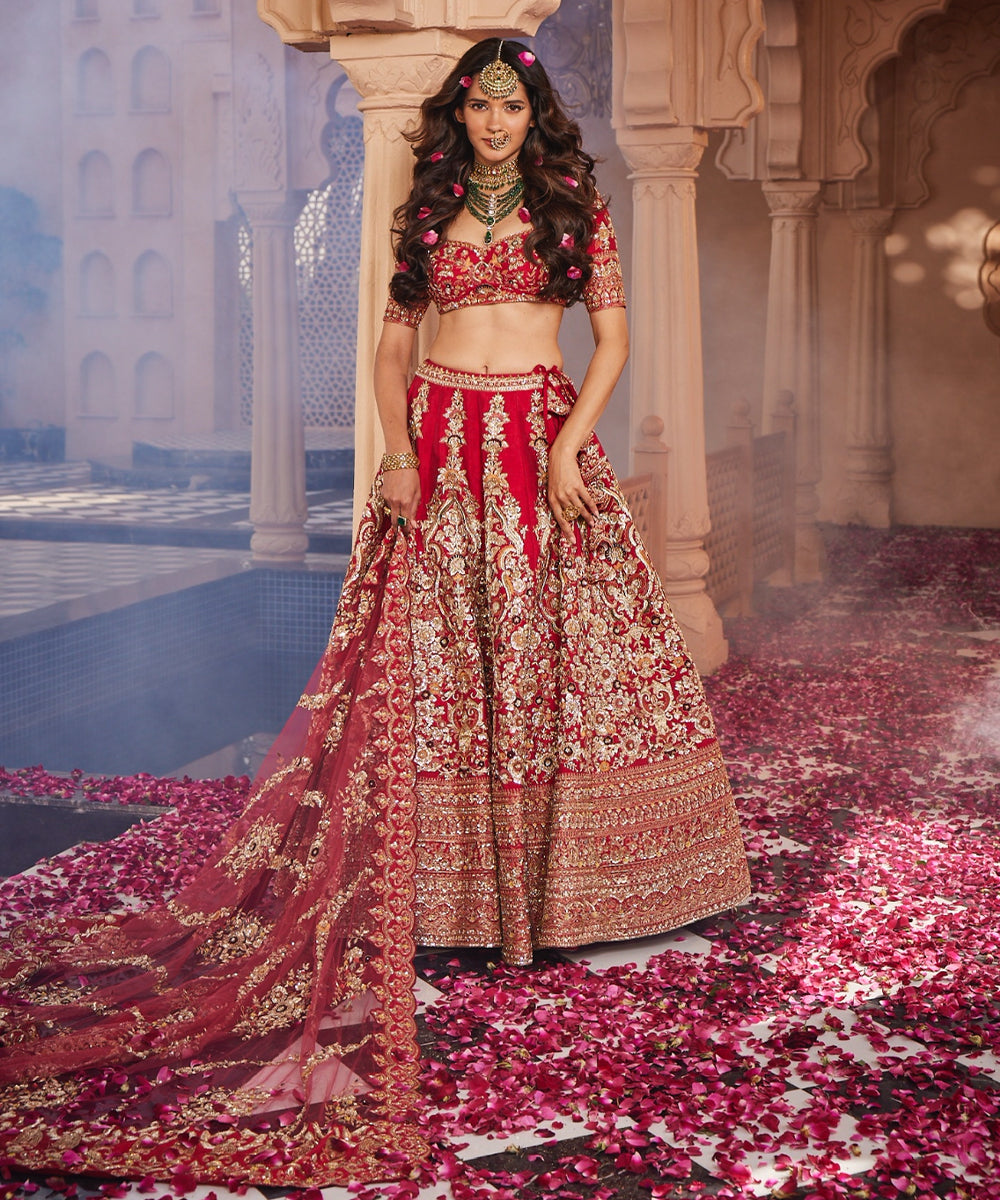 Shah jahan: Red Heavily Embroidered Lehenga