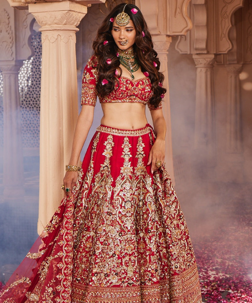 Shah jahan: Red Heavily Embroidered Lehenga