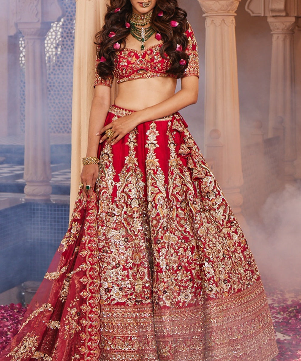 Shah jahan: Red Heavily Embroidered Lehenga