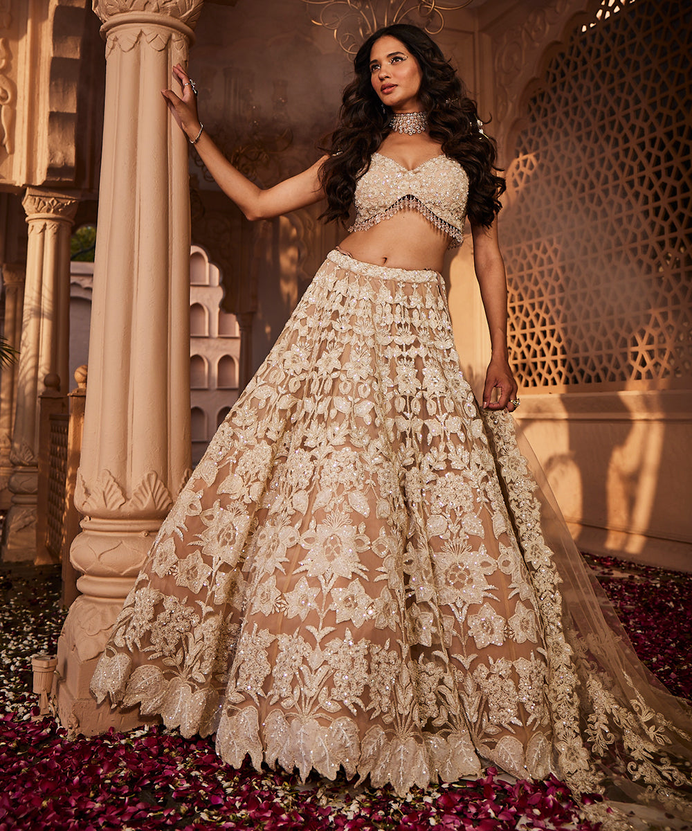 Khushi: Peach Heavily Embroidered Lehenga