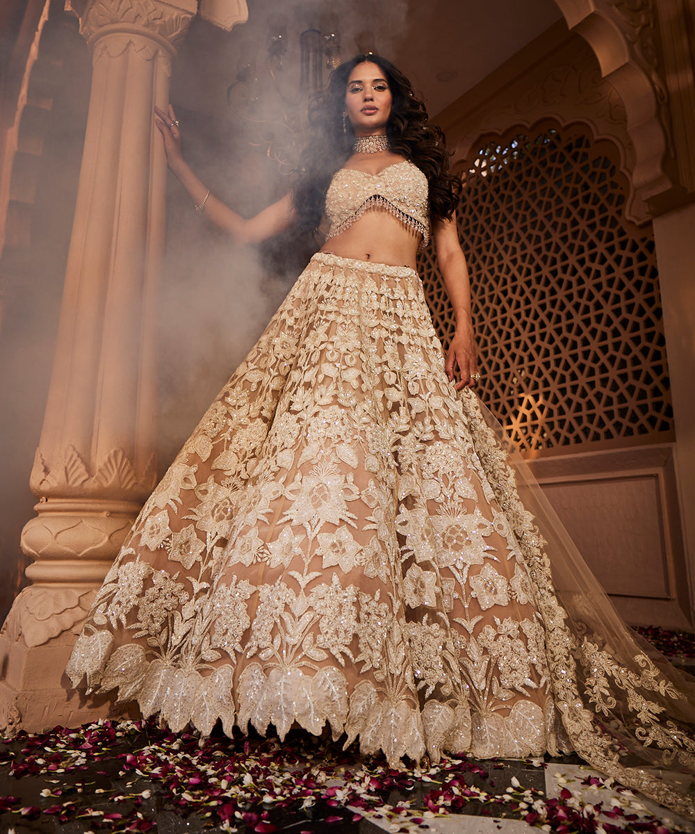 Khushi: Peach Heavily Embroidered Lehenga