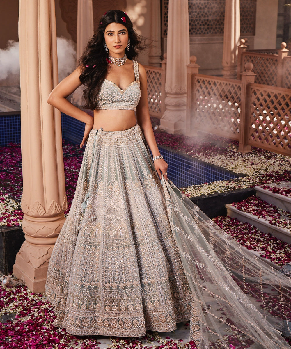 Senorita: Dusty Firoza Velvet Hand Embroidered Lehenga