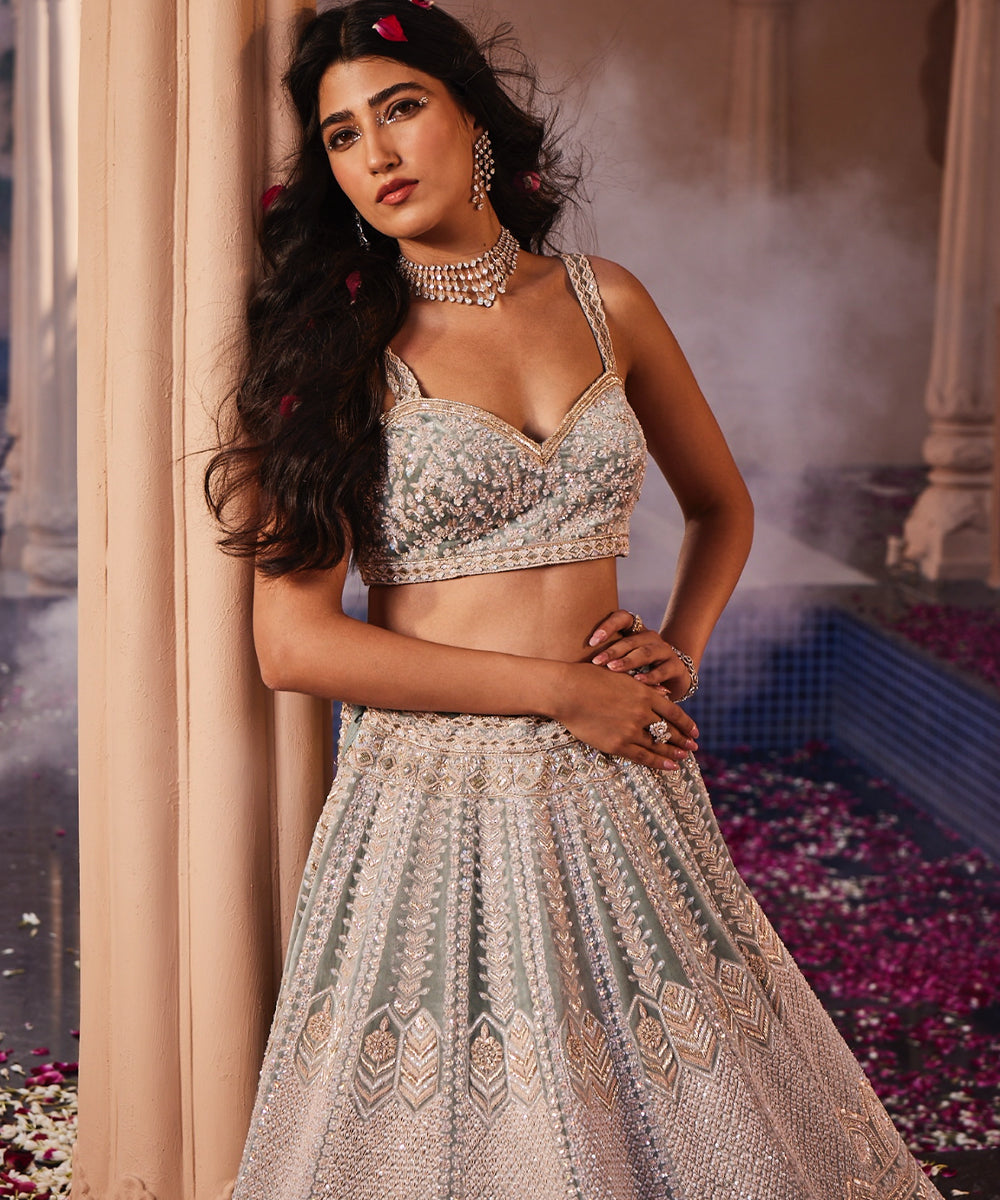 Senorita: Dusty Firoza Velvet Hand Embroidered Lehenga