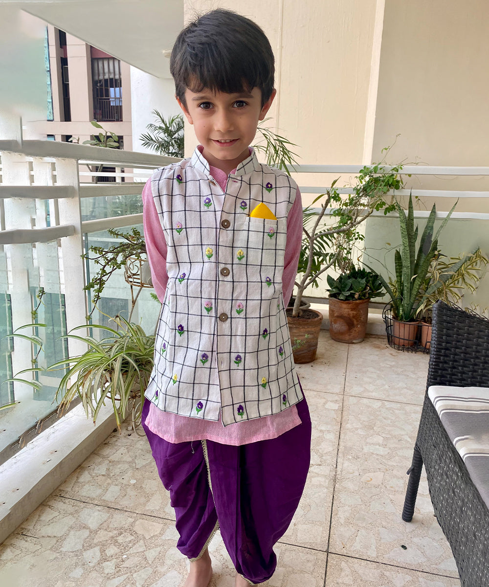 Pink Kurta, Purple Dhoti and Embroidered Bandi