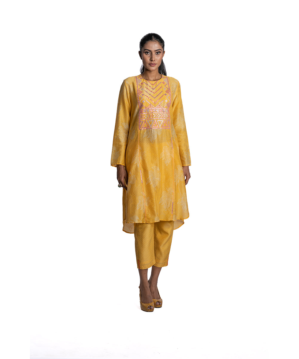 Yellow chanderi Floral Printed Tunic Set