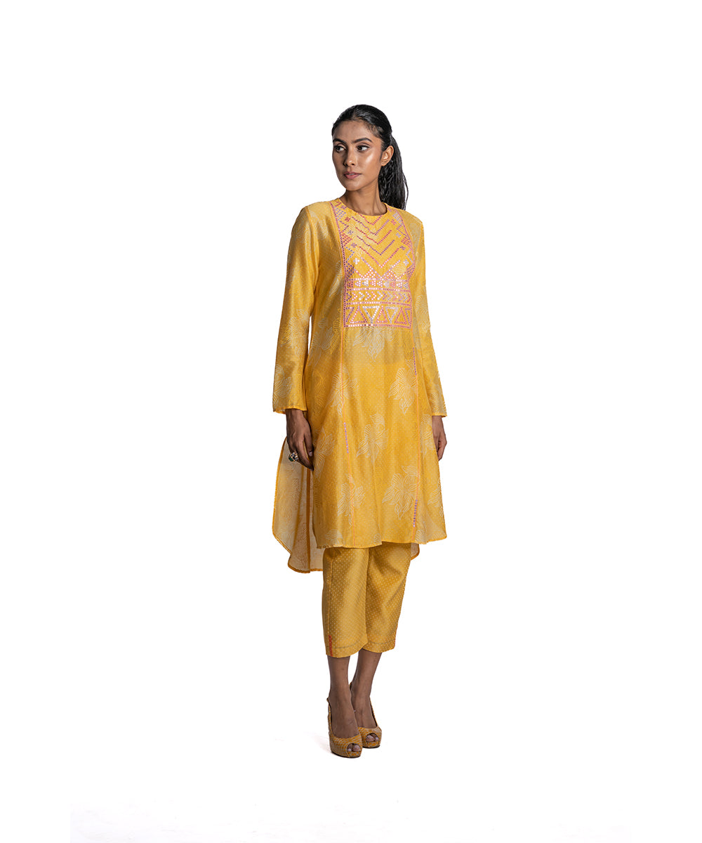 Yellow chanderi Floral Printed Tunic Set