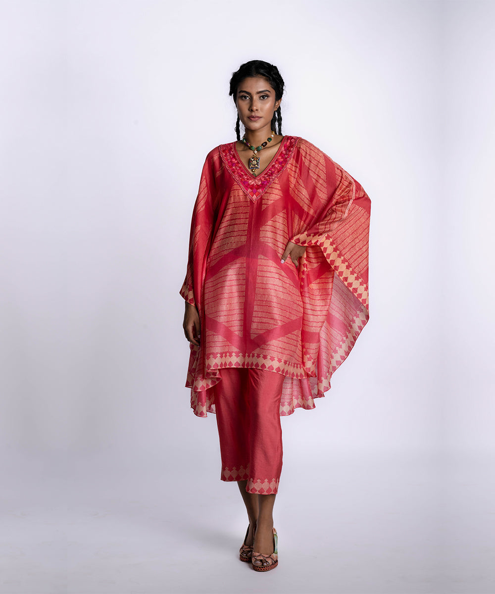 Red Cahnderi Printed Kaftan Set