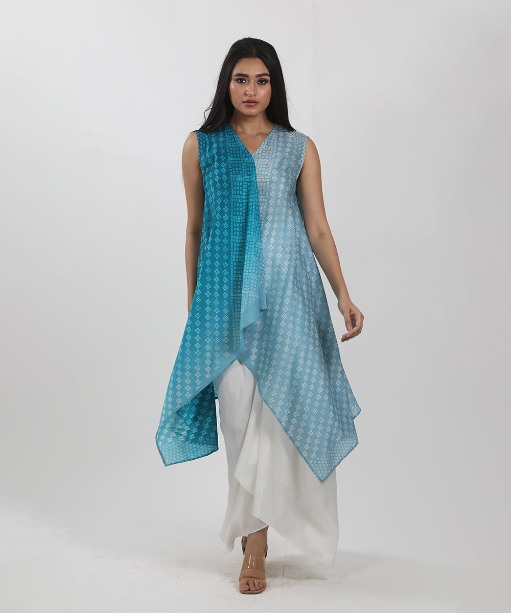 Blue Shaded Block Printed Asymmetric Jacket Tunic