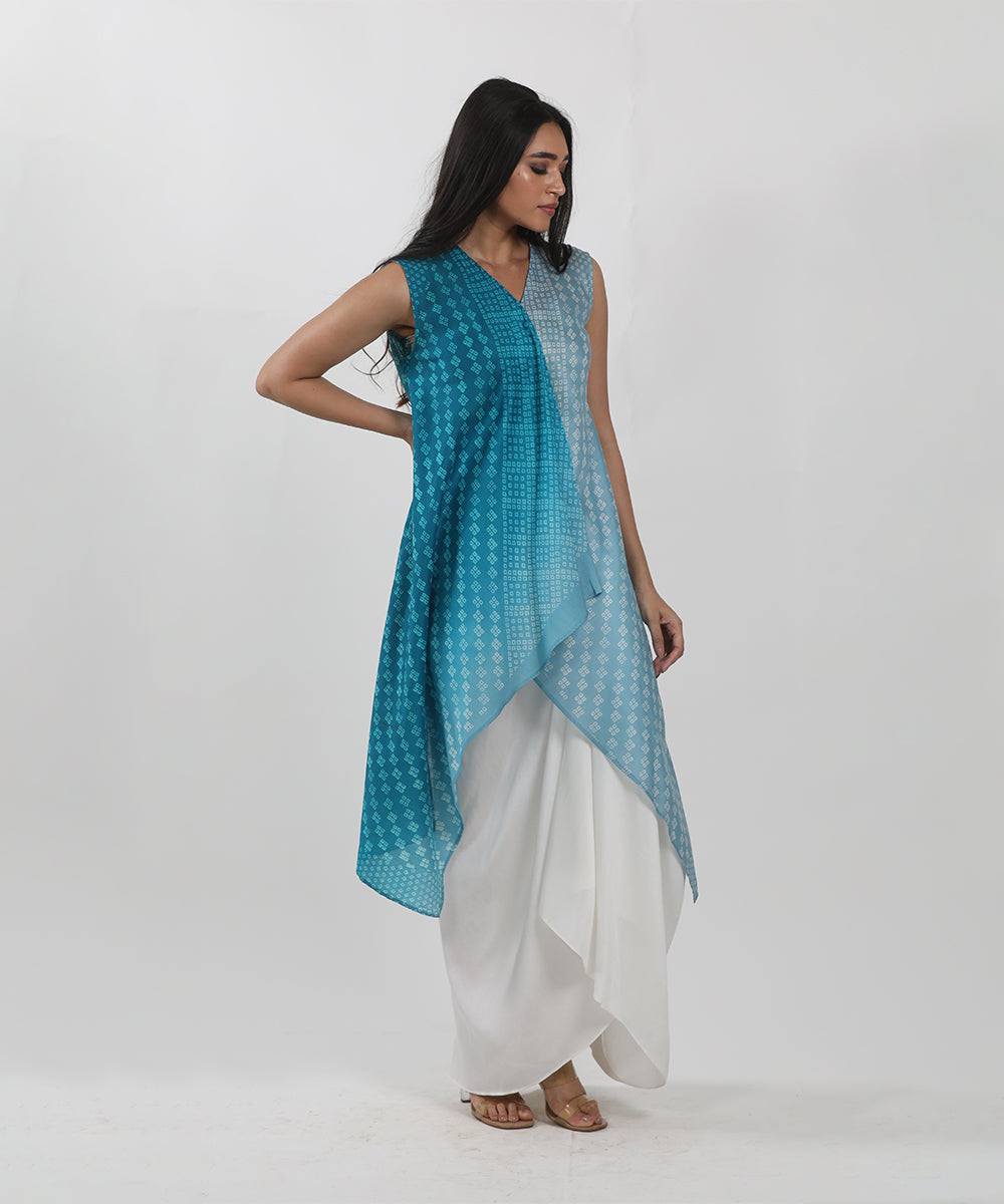 Blue Shaded Block Printed Asymmetric Jacket Tunic