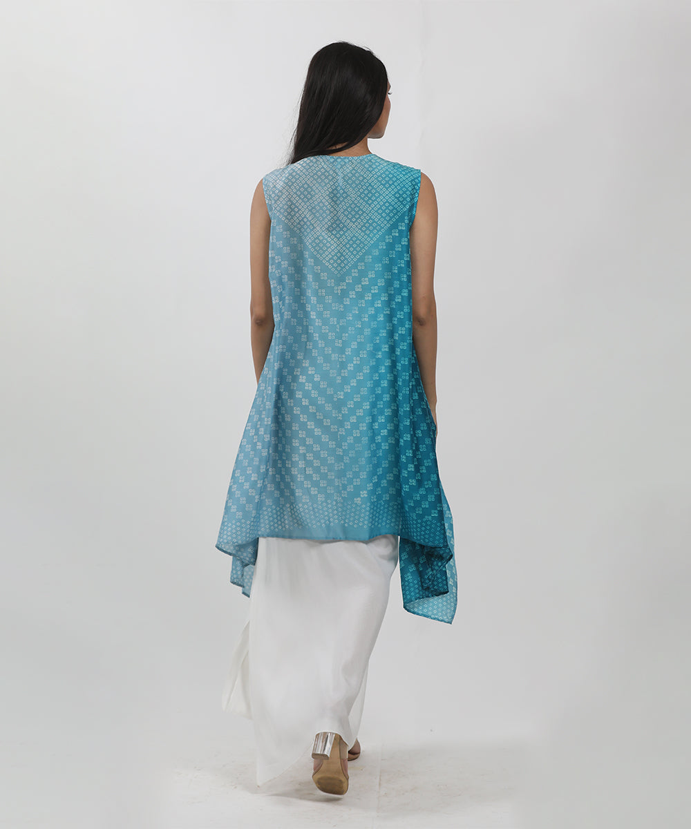 Blue Shaded Block Printed Asymmetric Jacket Tunic