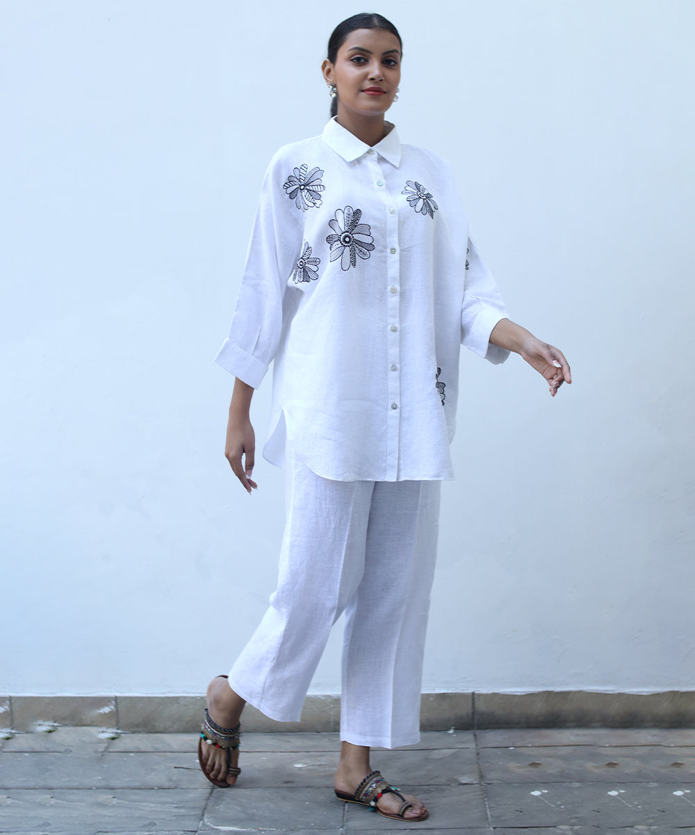 White floral embroidered shirt in pure linen