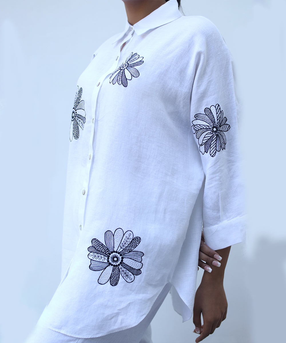 White floral embroidered shirt in pure linen