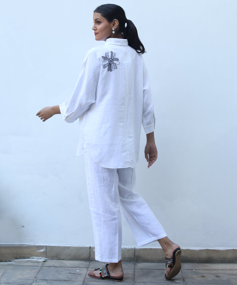 White floral embroidered shirt in pure linen