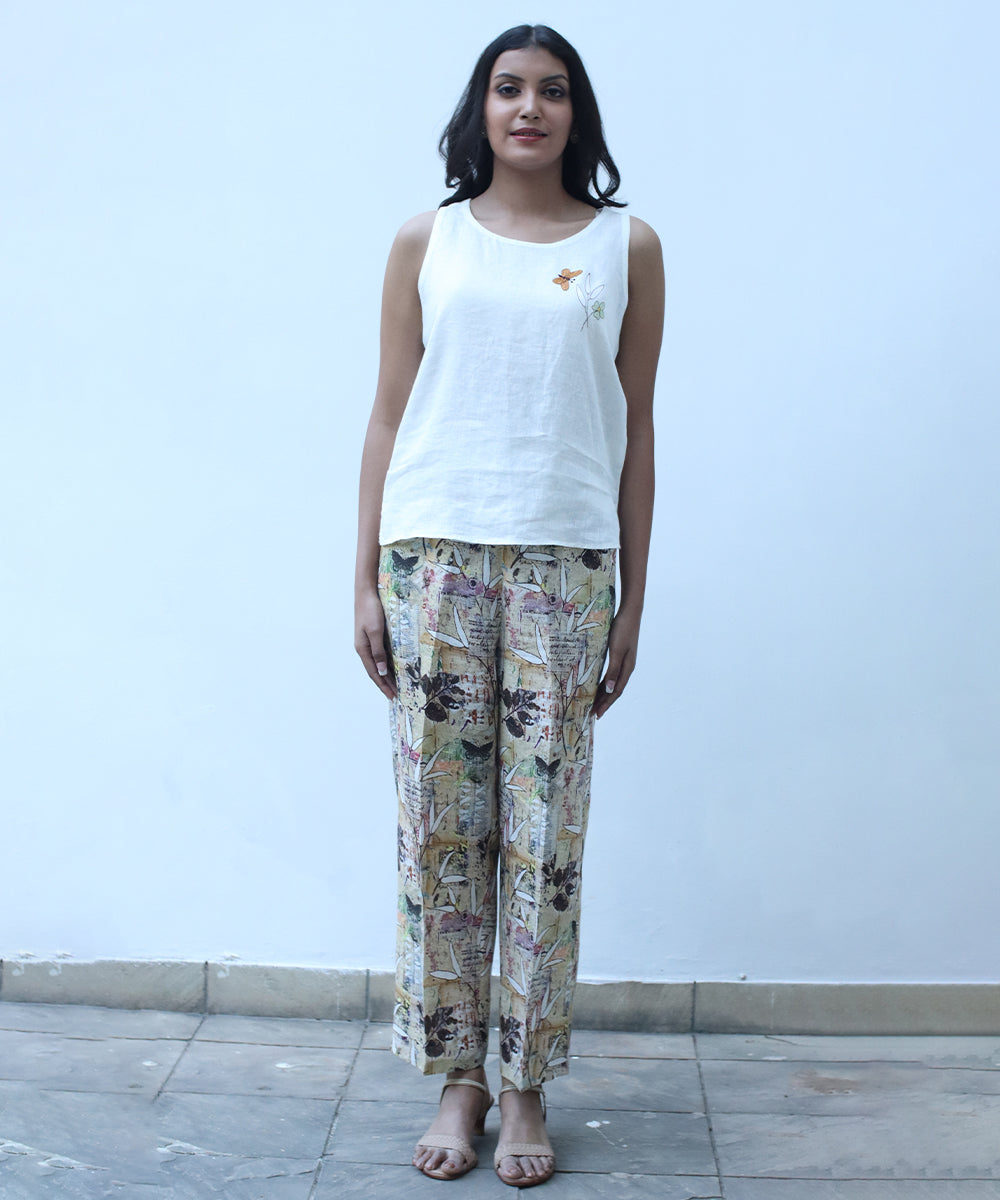 Ivory embroidered top in pure linen