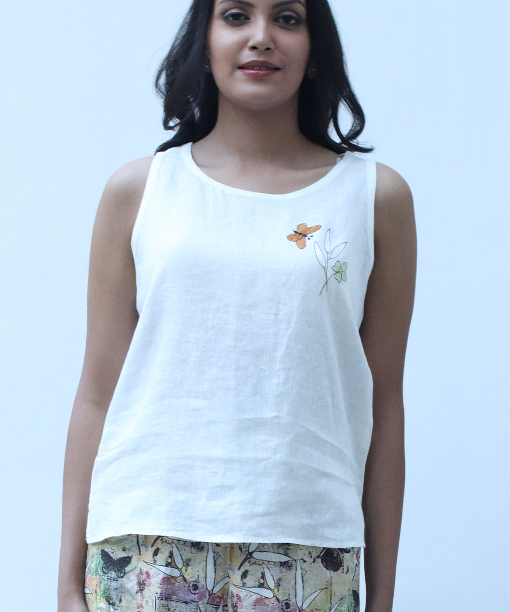 Ivory embroidered top in pure linen