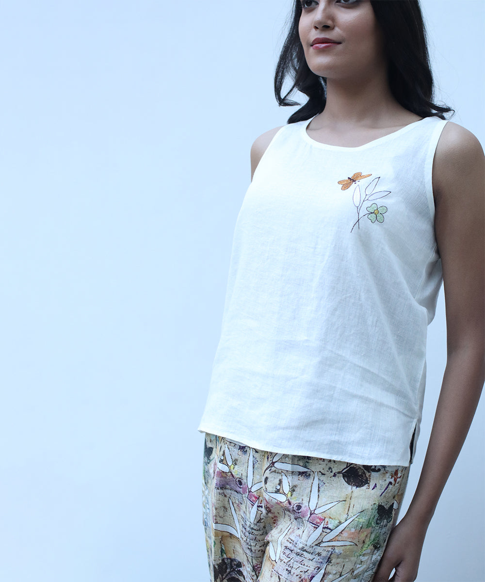 Ivory embroidered top in pure linen