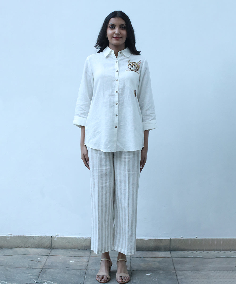 White kitty embroidered shirt in pure linen