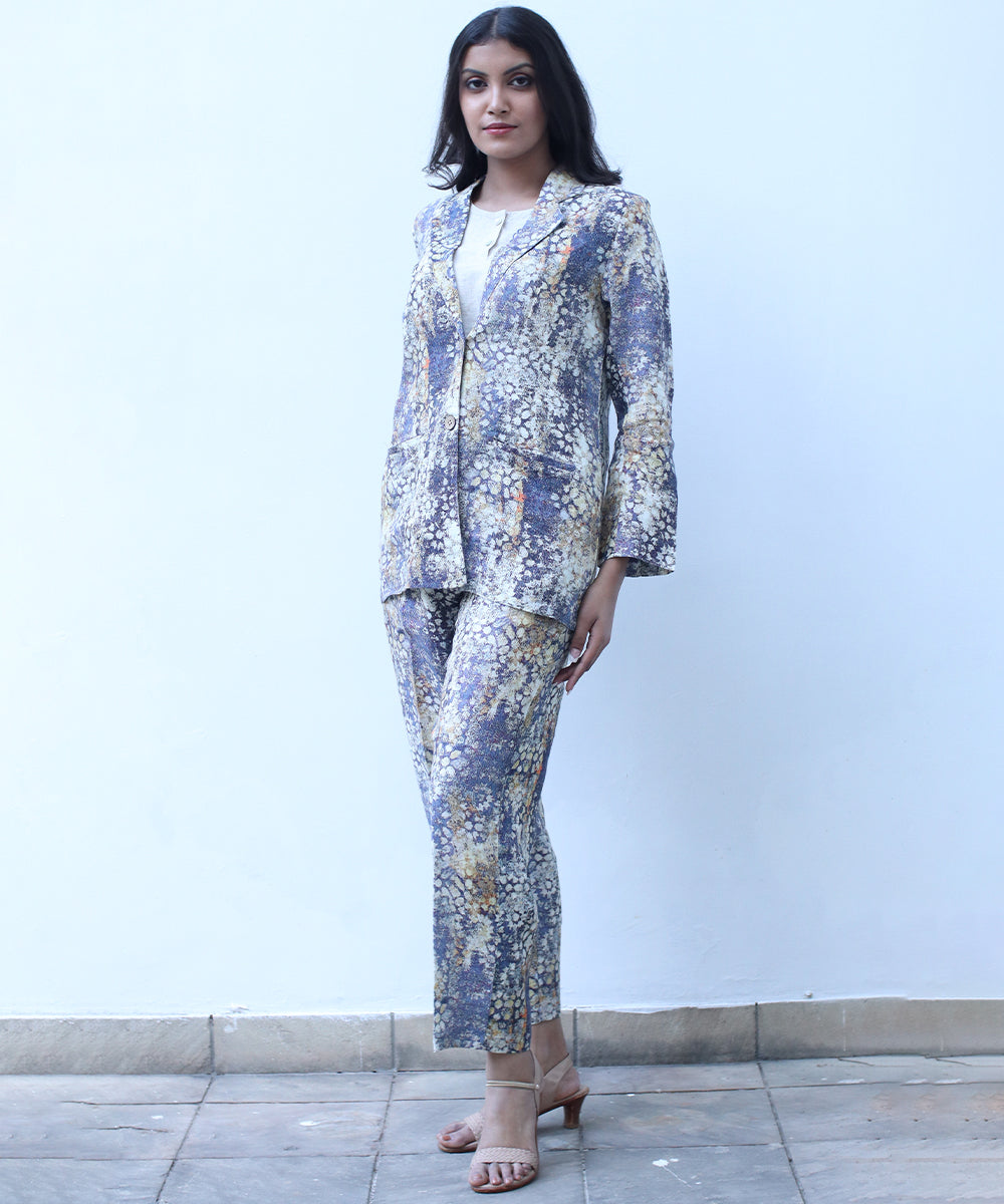 Digital print embroidered blazer in pure linen