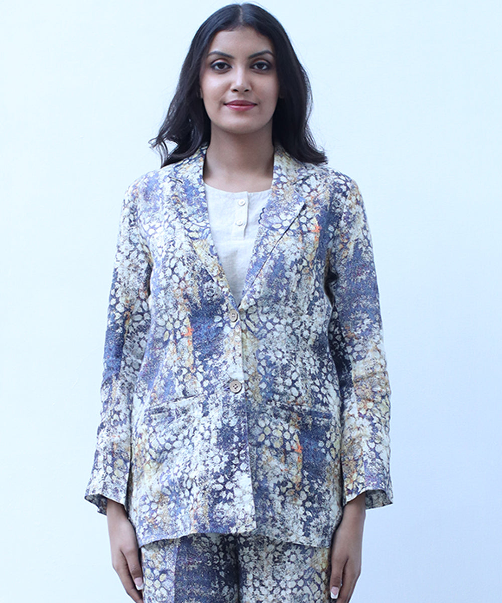 Digital print embroidered blazer in pure linen