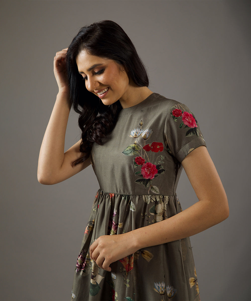 Chanderi Silk Dress With Floral Print