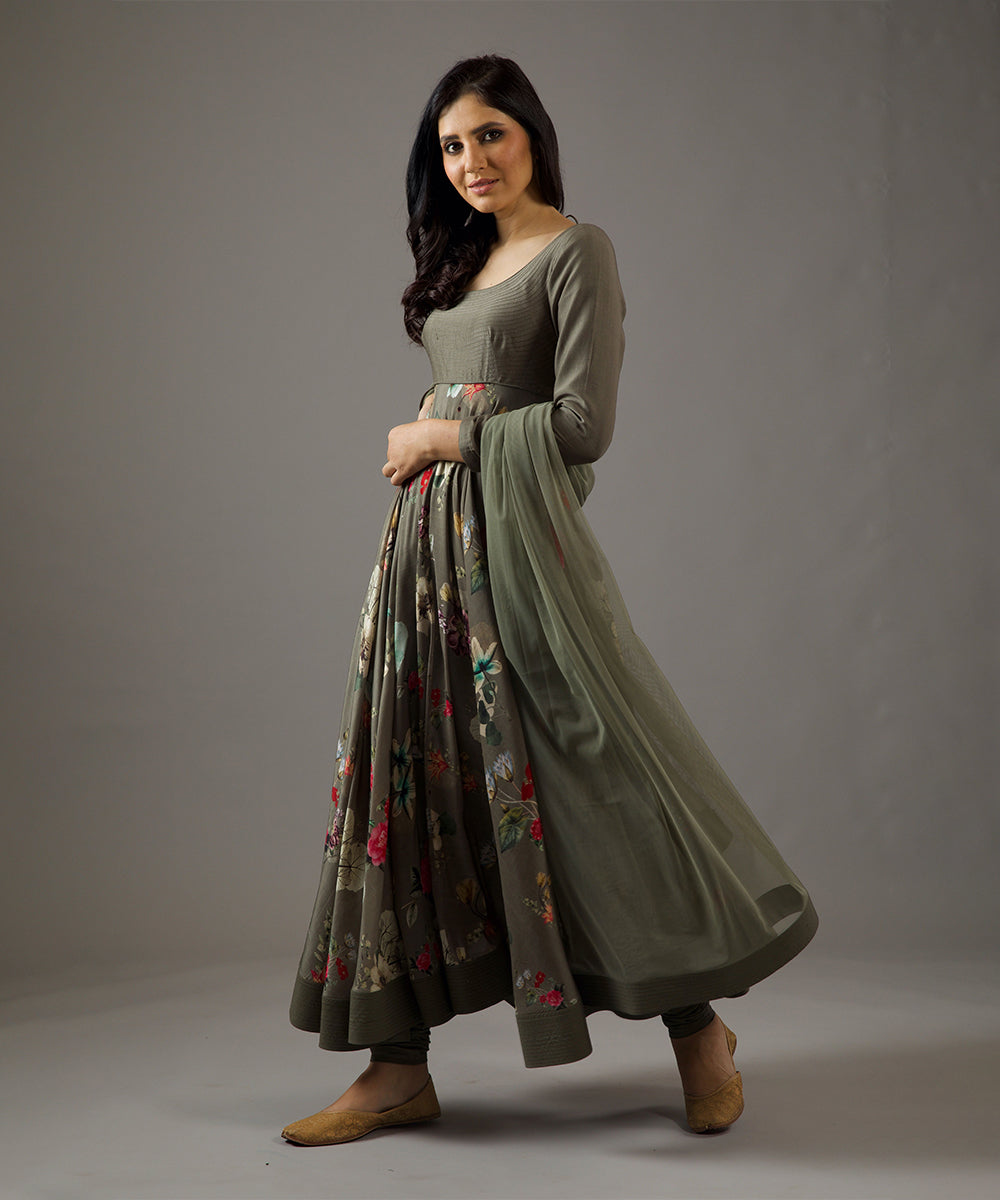 Pewter Printed Anarkali Set