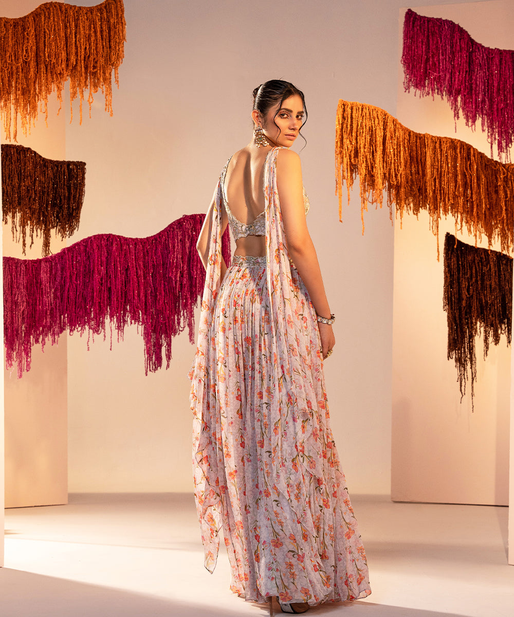 V-hem embroidered blouse with drapes and printed slit lehenga