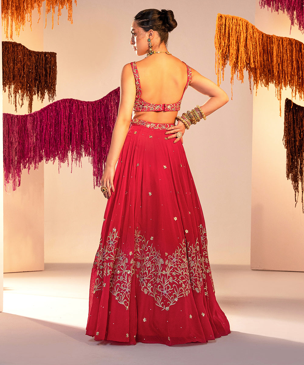 Embroidered backless blouse with lehenga and embroidered dupatta set