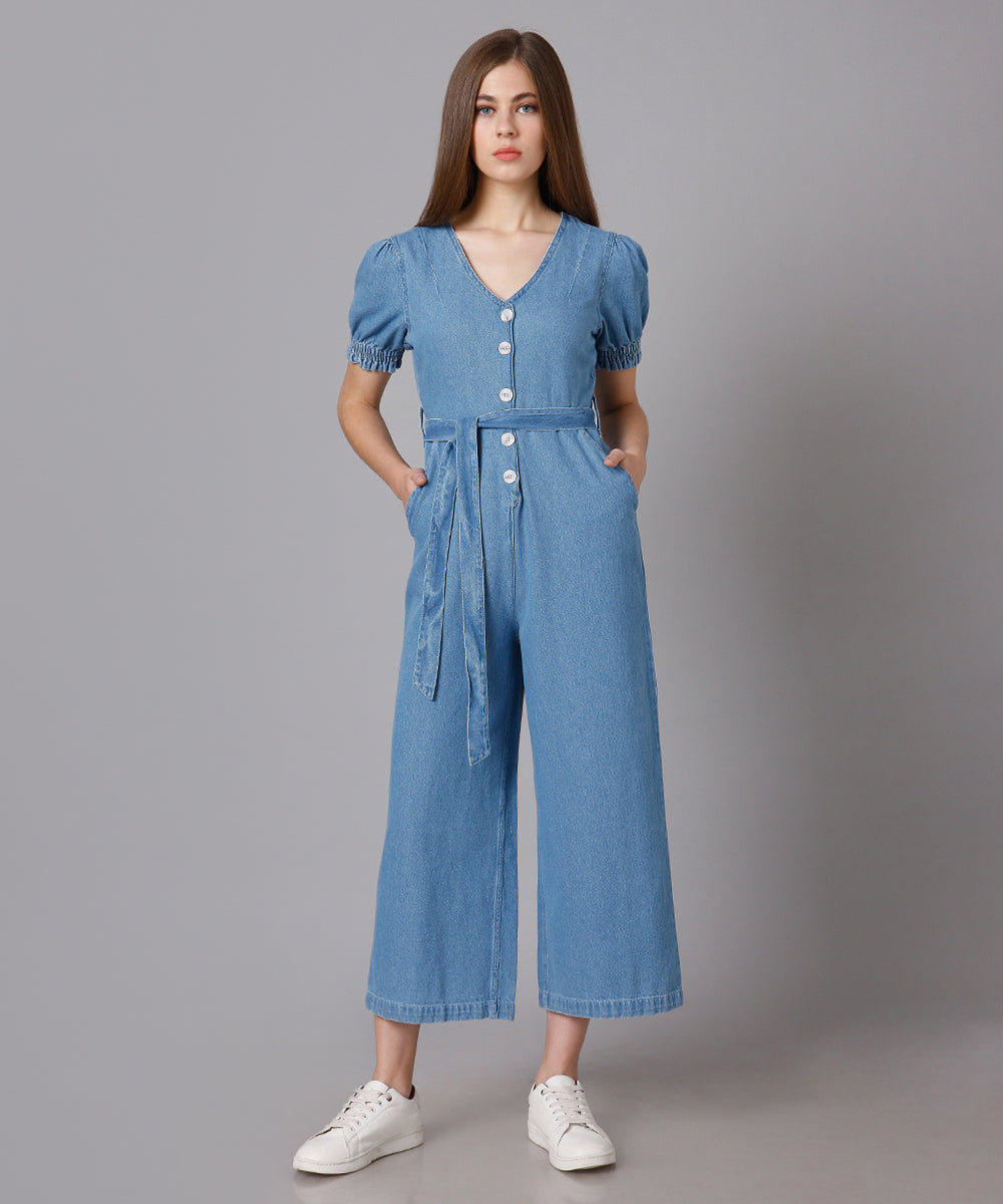 Denim Jumpsuit with Puff Sleeves