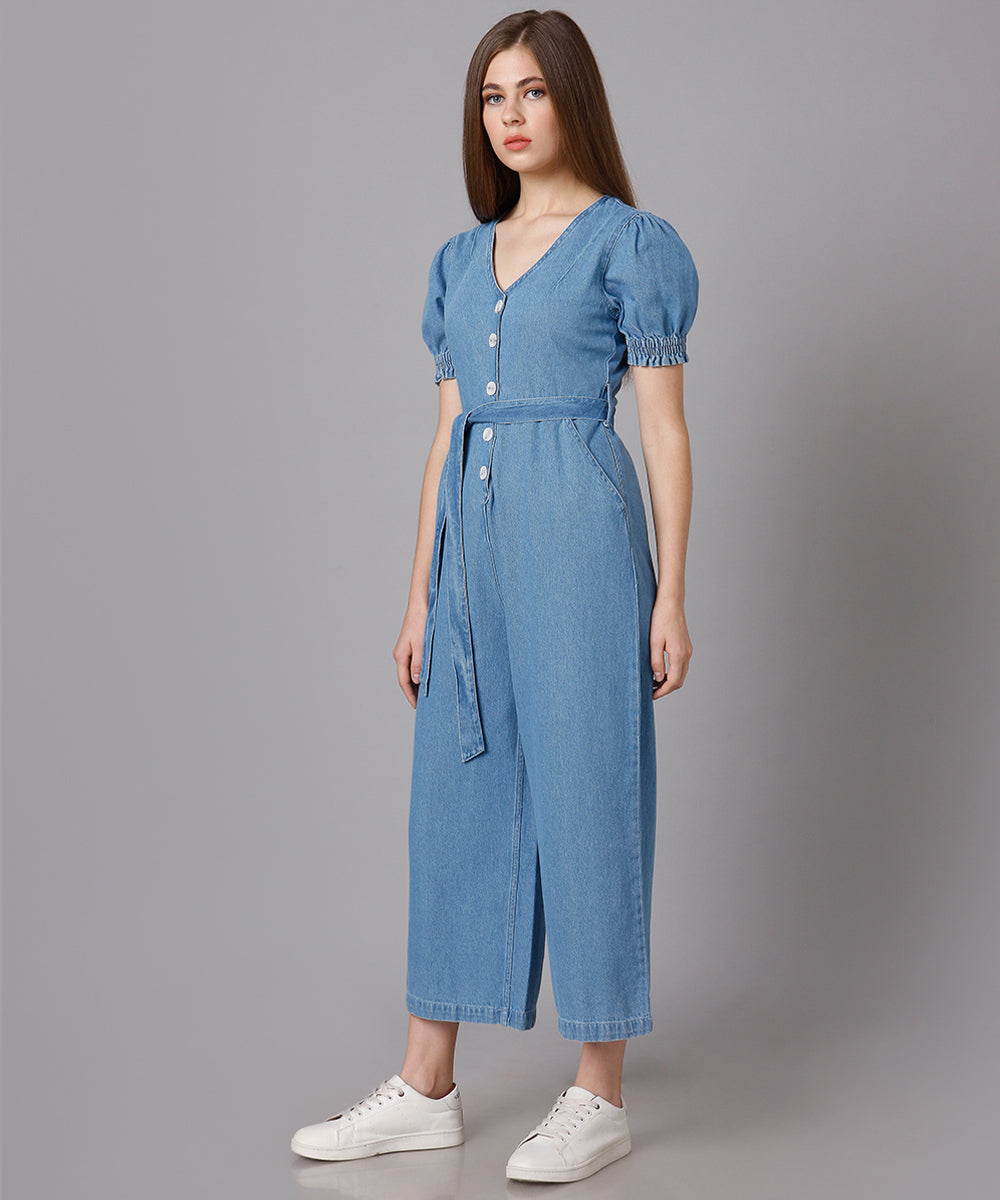 Denim Jumpsuit with Puff Sleeves